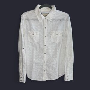 Arizona Women's Snap-Button Down Blouse Size Large White Foliage Embroidery